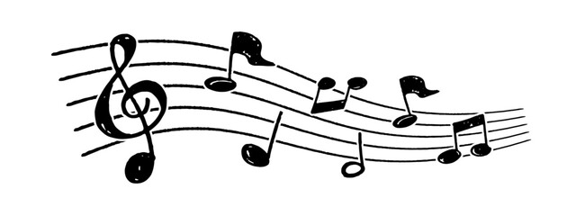 鉛筆タッチで描いた手書きの五線譜に散らばる音符ベクターイラスト。演奏された音楽が流れているようなイメージ。