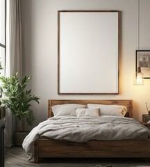 Modern bedroom interior with large wooden frame mockup above bed.