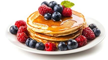 Plate with tasty pancakes and berries on white