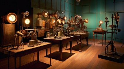 Vintage machinery and equipment displayed in a museum exhibit