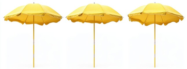 Obraz premium Three bright yellow beach umbrellas against a white background.
