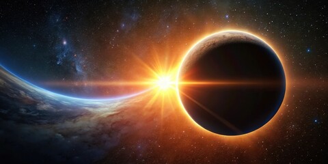 A celestial sunrise illuminates a distant planet, casting a radiant glow across the cosmic expanse, a breathtaking view of the universe's grandeur