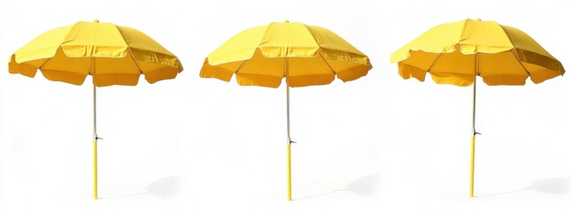 Obraz premium Three vibrant yellow beach umbrellas arranged against a pristine white background, evoking a sunny, cheerful atmosphere.