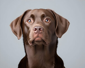 Fototapeta premium A charming chocolate Labrador Retriever, gazing upward with expressive eyes, against a neutral background