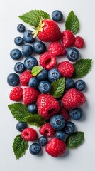 Obraz premium Vibrant mix of fresh raspberries, blueberries, and mint leaves on a light gray background. Close up overhead shot showcasing the texture and color of the berries.