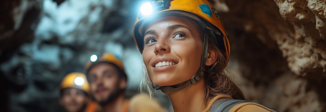 Headlamps and helmets are being worn by individuals exploring a rough cave.