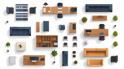 Flexible office arrangement set for printing and cutting top view furniture pieces supporting collaborative layouts and practical corporate workspace design ideas
