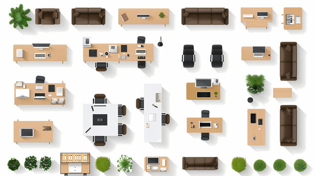 Modular office furniture collection for practical workspace planning top view elements for printing and cutting versatile design resources for corporate layouts
