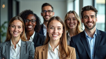 Fototapeta premium A diverse group of young professionals in business attire is standing together in an office setting. They are all smiling and looking directly at the camera, exuding confidence and professionalism.