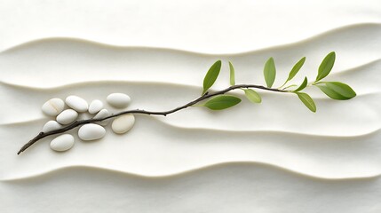 Obraz premium Zen Garden Serenity: Branch, Stones, and Leaves in a Tranquil White Sand Landscape