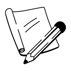 A doodle style icon of sketching paper with a pencil 

