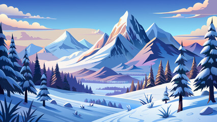 Panoramic winter landscape with snow-covered trees and majestic mountains under a cloudy sky, capturing the serene beauty of nature. © ehsanollah