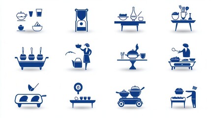 This image showcases a set of 15 carefully designed catering icons that represent a range of elements associated with food service dining and restaurant