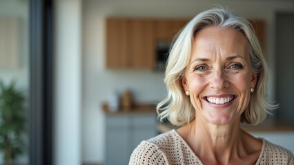 A middle-aged woman with short blonde hair is smiling at the camera. She is wearing a light-colored sweater and has a warm, welcoming expression on her face.