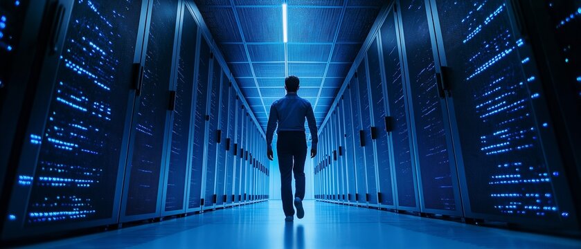 In the server hallway, a technician is moving.