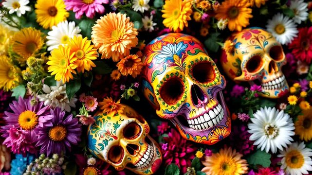Three vibrant sugar skulls amidst a profusion of colorful flowers, a vivid depiction of the Day of the Dead.