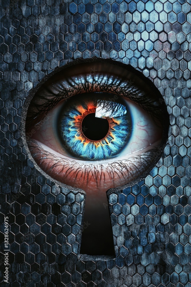 Poster through a keyhole on a metallic hexagonal background, an eye with a blue iris and a black pupil in t