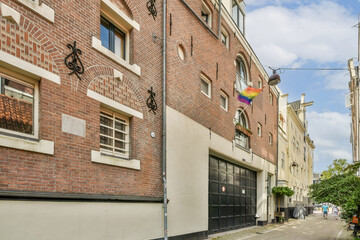 A picturesque street view showcasing a charming brick building adorned with a vibrant rainbow flag. The scene captures a mix of architectural styles and urban life.