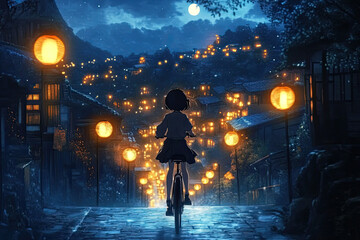 Fototapeta premium Anime girl riding a bike under lantern-lit sky, Japanese-style background, serene night ride, atmospheric illustration