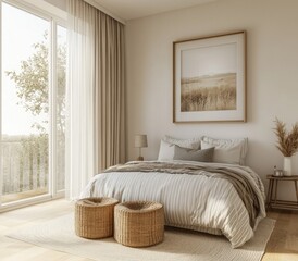 Modern bedroom with large window, neutral tones, and natural materials.