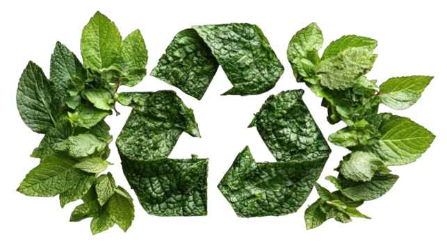 Green leaves forming a recycling symbol with mint