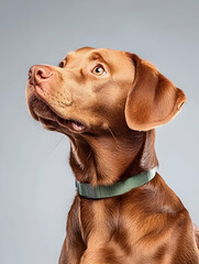 A curious, light brown dog with a green collar looks upward against a gray backdrop
