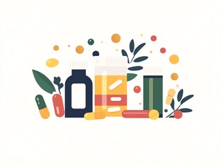 Colorful Arrangement of Supplements and Vitamins Displayed Creatively on a Light Background
