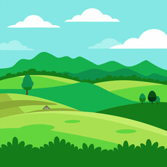 Obraz premium Vector sketch Green grass field on small hills. Meadow, alkali, lye, grassland, pommel, lea, pasturage, farm. Rural scenery landscape.
