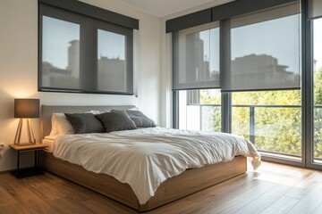 Modern bedroom with large windows, roller shades, and a wooden bed.