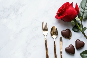 Elegant dining scene with gold cutlery, heart-shaped chocolates, and a red rose on a marble surface.