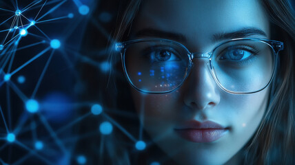close up of young businesswoman standing on data protection background