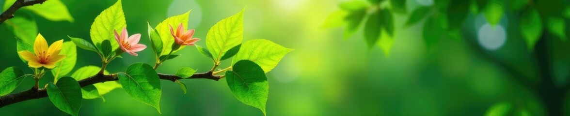 Colorful green flowers blooming around a majestic green tree branch, green tree, plant life