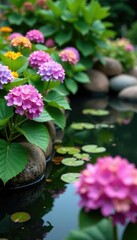 Colorful hydrangeas blooming in a garden pond, hydrangea, ornamental plants