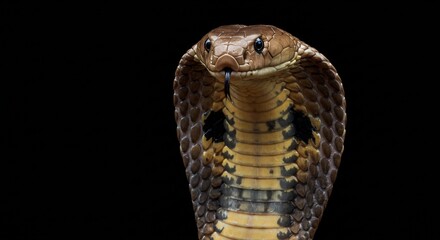 Fototapeta premium A striking close-up of a cobra, its hood flared wide and eyes locked in a hypnotic stare