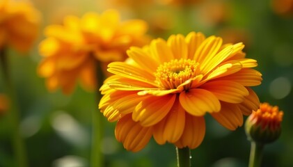 Macro shot of sunlit marigold blooms with dew drops, flowers, dew drops