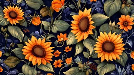 Autumn Sunflower Digital Illustration: Vibrant Floral Pattern on Dark Background AI Generated