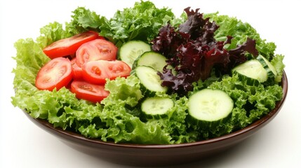 Fresh salad with lettuce, tomatoes, and cucumbers in a brown bowl. Healthy food photography.