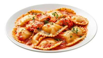 A plate of lobster-stuffed ravioli with a creamy tomato sauce
