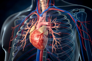 A detailed anatomical illustration of a human heart and surrounding blood vessels, showcasing the circulatory system.
