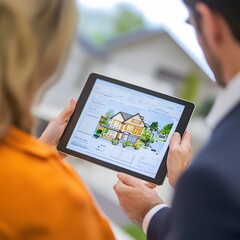 Real estate team analyzing market trends on a digital tablet
