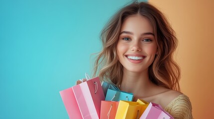 Happy young woman holding shopping bags and smiling