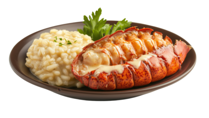 A plate of butter-drenched lobster tail next to a side of risotto