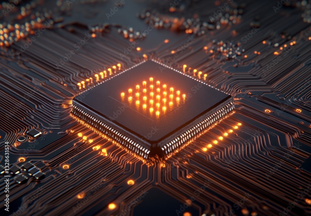 Poster close up view of a computer processor chip on a circuit board, illuminated with warm orange light. t