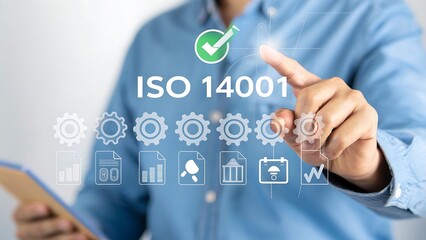 "ISO 14001 Environmental Management: Professional in Blue Shirt Interacting with Transparent Interface Showing Icons of Sustainable Practices"