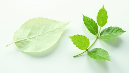 Fototapeta premium Delicate green leaf isolated on white background with subtle texture, foliage, leaves, simplicity
