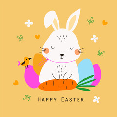 Happy Easter greeting card with cute banny. Vector