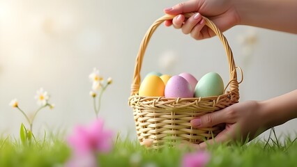 	
Giovane donna o mamma che nasconde le uova colorate di Pasqua nel giardino per la caccia alle uova	