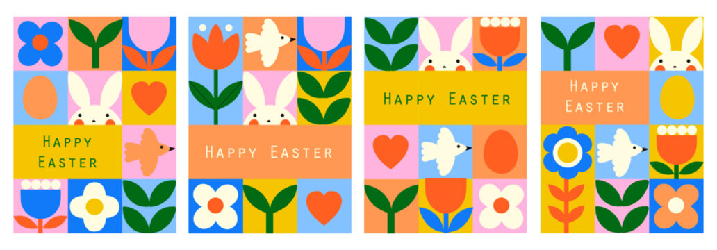 Geometricr spring card set. Happy easter. Abstract flowers, leaf, shape. Vector