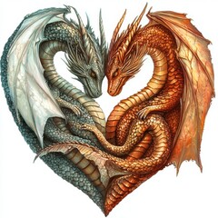 Obraz premium Two Dragons Forming a Heart Shape in Vibrant Colors with Detailed Scales and Majestic Features