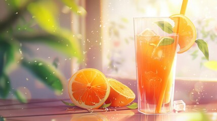 Freshly squeezed orange juice in a glass with a healthy breakfast